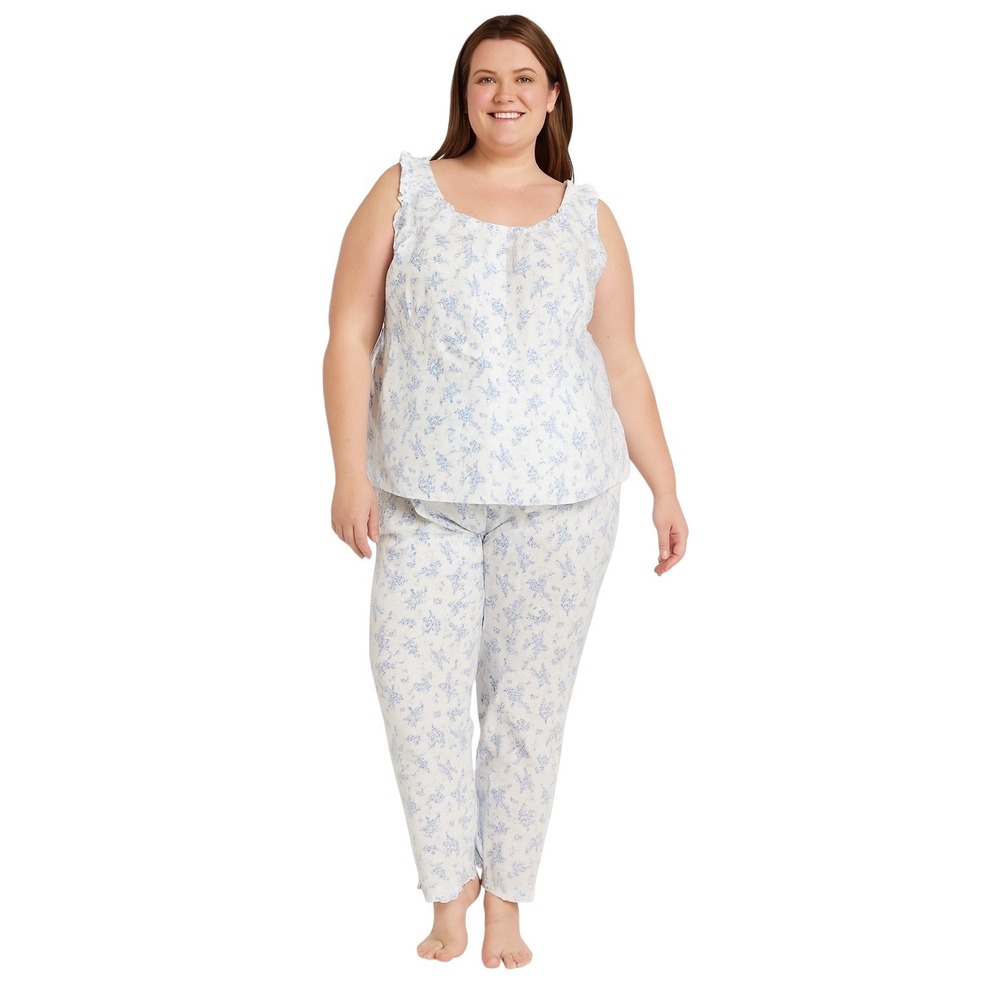 Cacique Plus Size 22W 24W Pajama Set White Blue Floral Sleeveless‎ Cotton 579